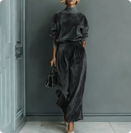 Damen Lounge Outfit mit Hohem Kragen und Weitgeschnittenen Hosen - 2 - Trendlinie