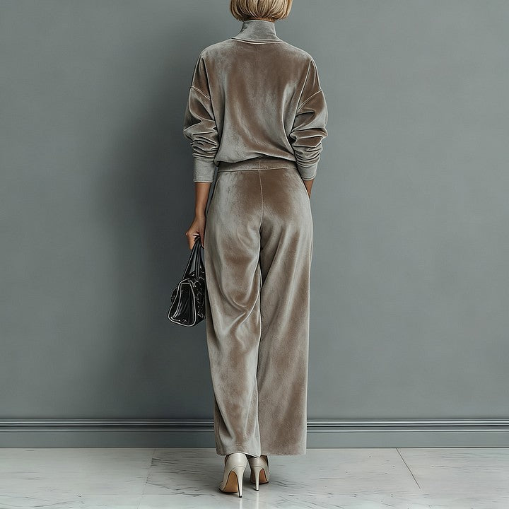 Damen Lounge Outfit mit Hohem Kragen und Weitgeschnittenen Hosen - 4 - Trendlinie