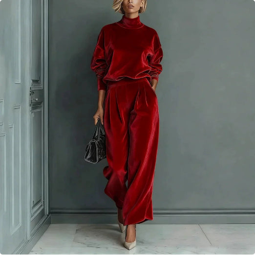 Damen Lounge Outfit mit Hohem Kragen und Weitgeschnittenen Hosen - 5 - Trendlinie