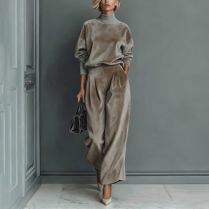 Damen Lounge Outfit mit Hohem Kragen und Weitgeschnittenen Hosen - 10 - Trendlinie
