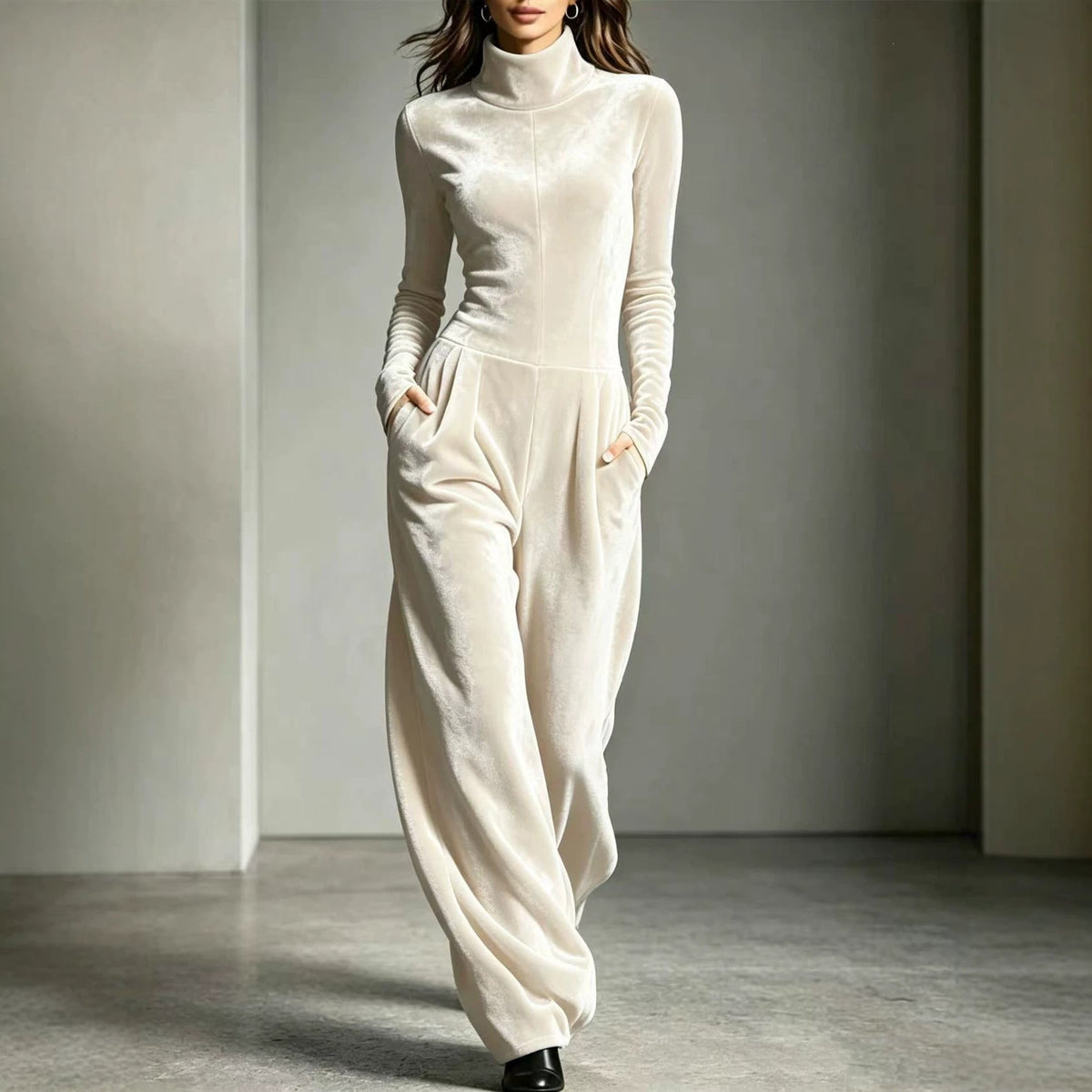 Jumpsuit Damen mit Stehkragen und langen Ärmeln, weit geschnitten - 1 - Trendlinie
