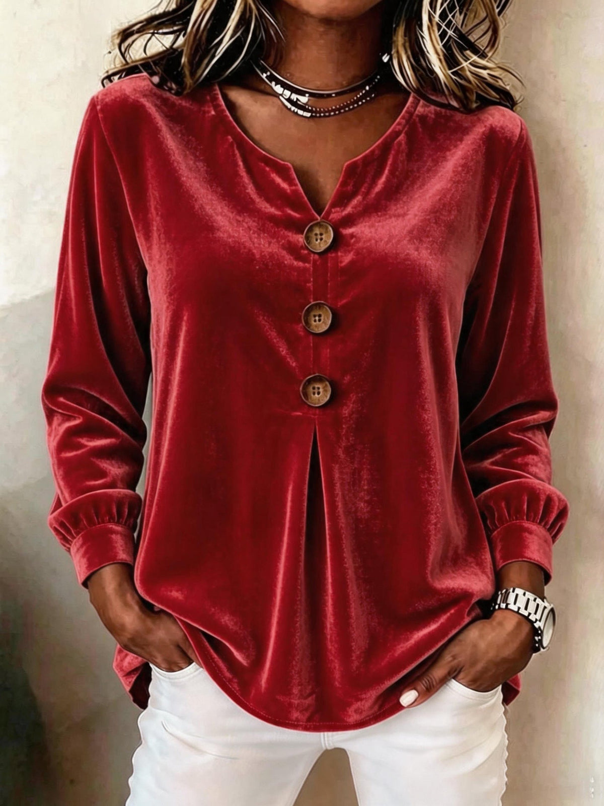 Damen Bluse mit V-Ausschnitt und Knopfdetails für Langarm - 2 - Trendlinie