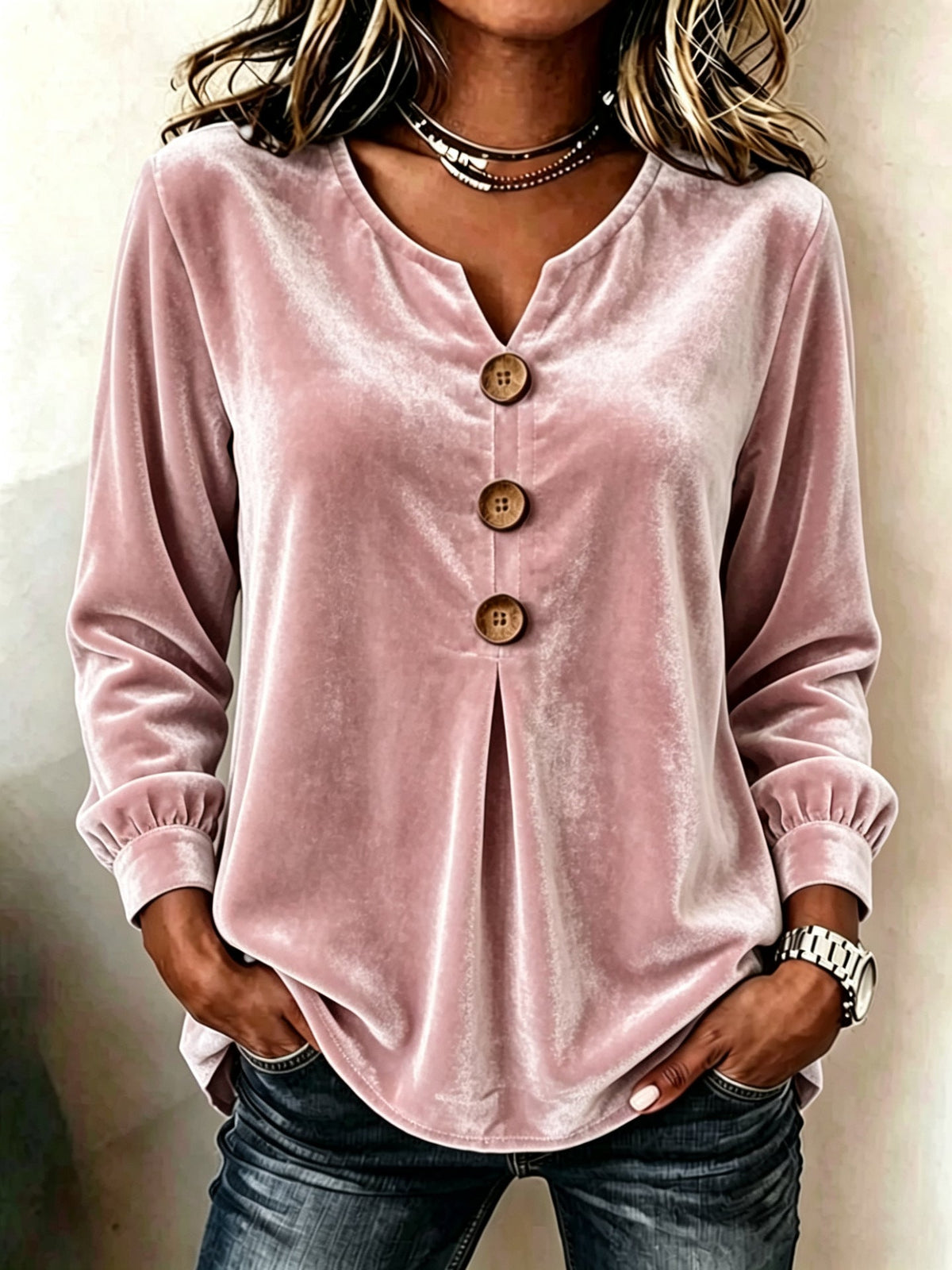 Damen Bluse mit V-Ausschnitt und Knopfdetails für Langarm - 6 - Trendlinie