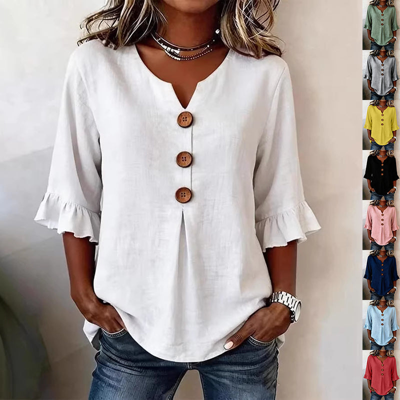 Damen Bluse mit Rüschensleeves und V-Ausschnitt, Knopfdetails - 1 - Trendlinie