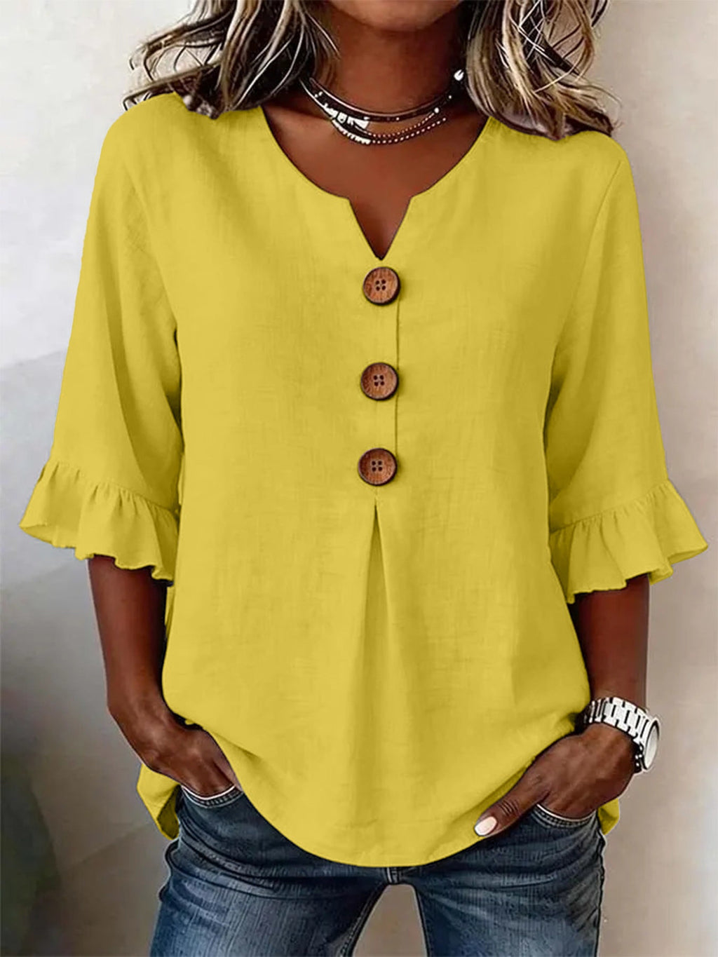 Damen Bluse mit Rüschensleeves und V-Ausschnitt, Knopfdetails - 2 - Trendlinie