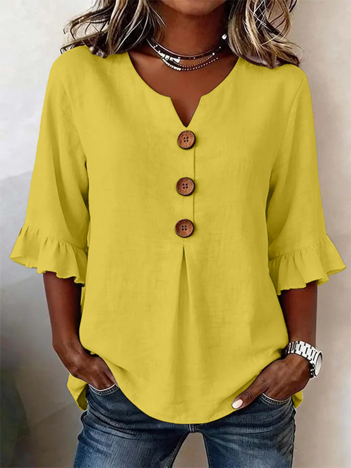 Damen Bluse mit Rüschensleeves und V-Ausschnitt, Knopfdetails - 2 - Trendlinie