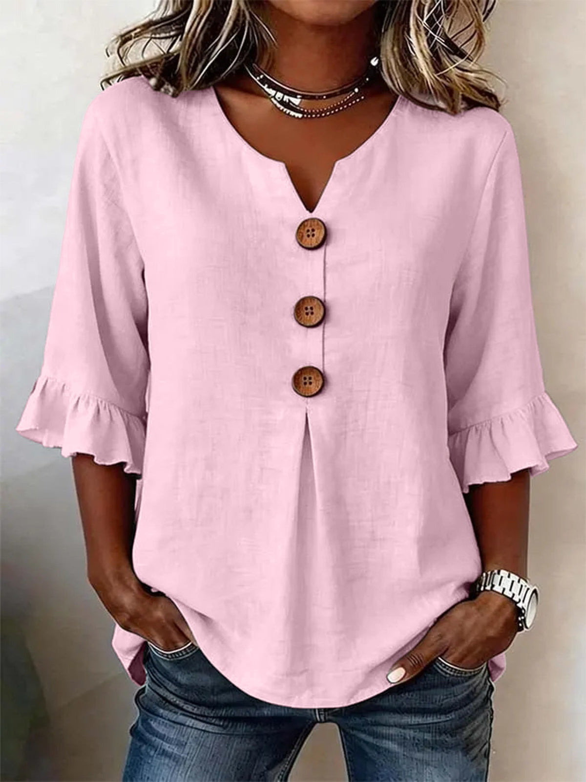 Damen Bluse mit Rüschensleeves und V-Ausschnitt, Knopfdetails - 3 - Trendlinie