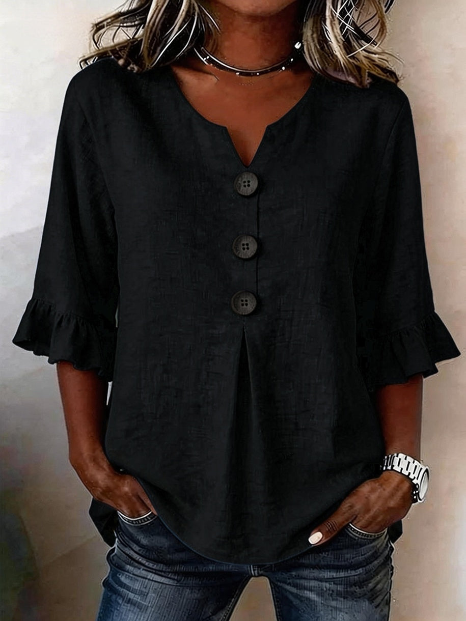 Damen Bluse mit Rüschensleeves und V-Ausschnitt, Knopfdetails - 4 - Trendlinie