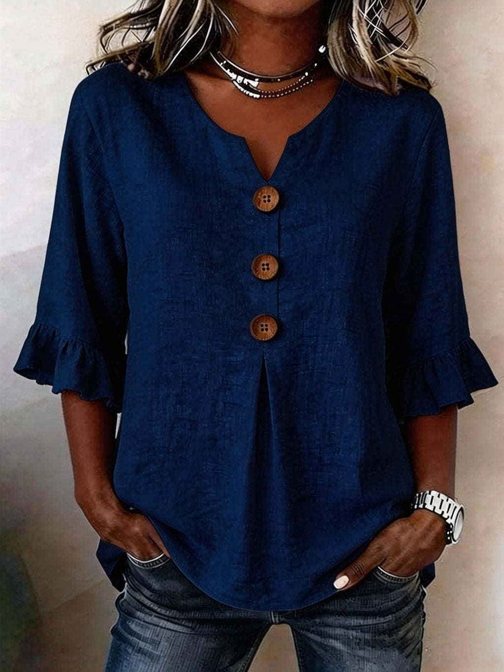 Damen Bluse mit Rüschensleeves und V-Ausschnitt, Knopfdetails - 5 - Trendlinie