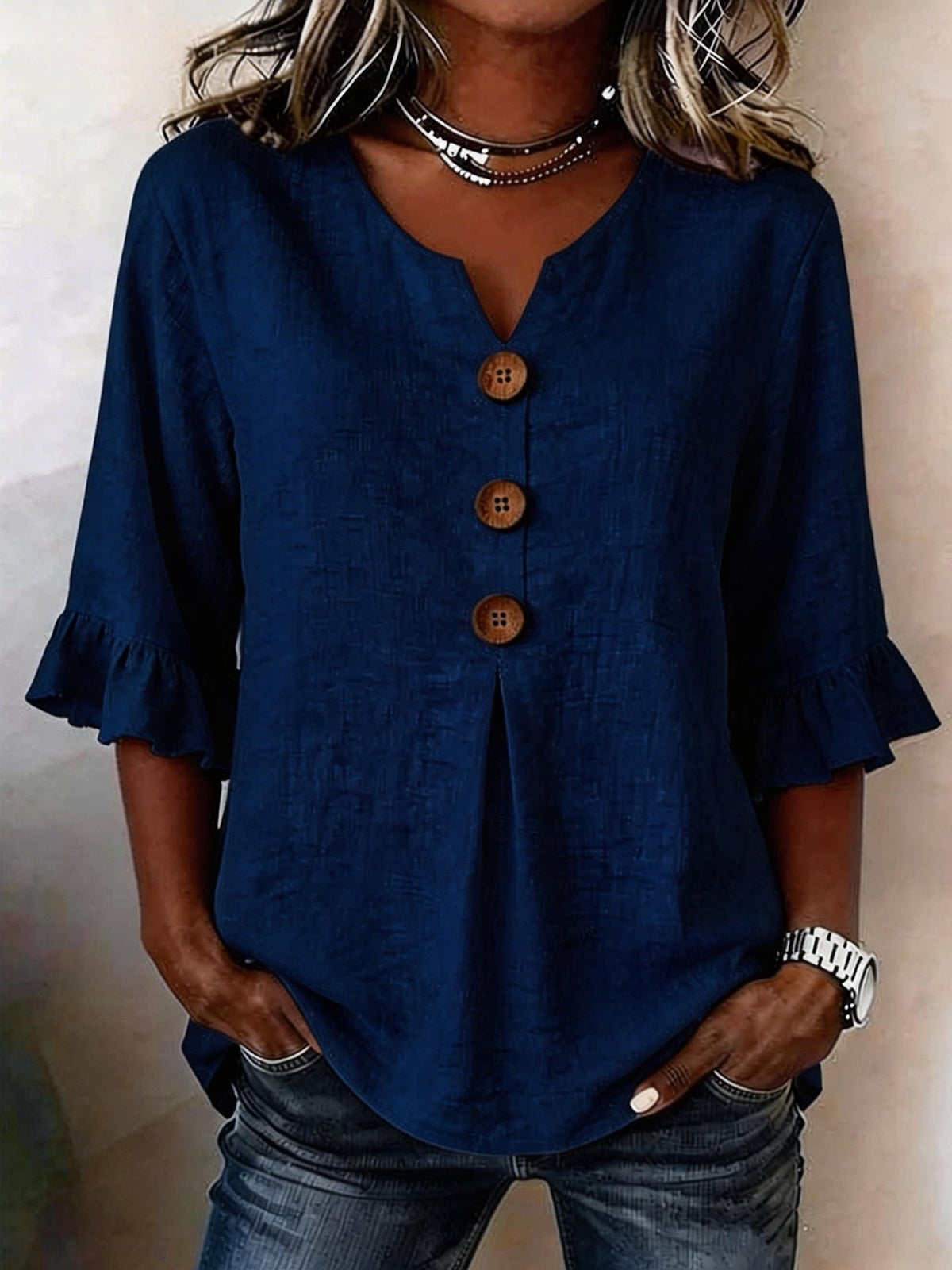Damen Bluse mit Rüschensleeves und V-Ausschnitt, Knopfdetails - 5 - Trendlinie