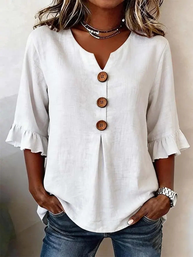 Damen Bluse mit Rüschensleeves und V-Ausschnitt, Knopfdetails - 6 - Trendlinie