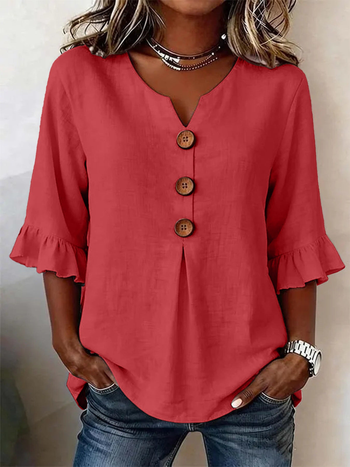 Damen Bluse mit Rüschensleeves und V-Ausschnitt, Knopfdetails - 7 - Trendlinie