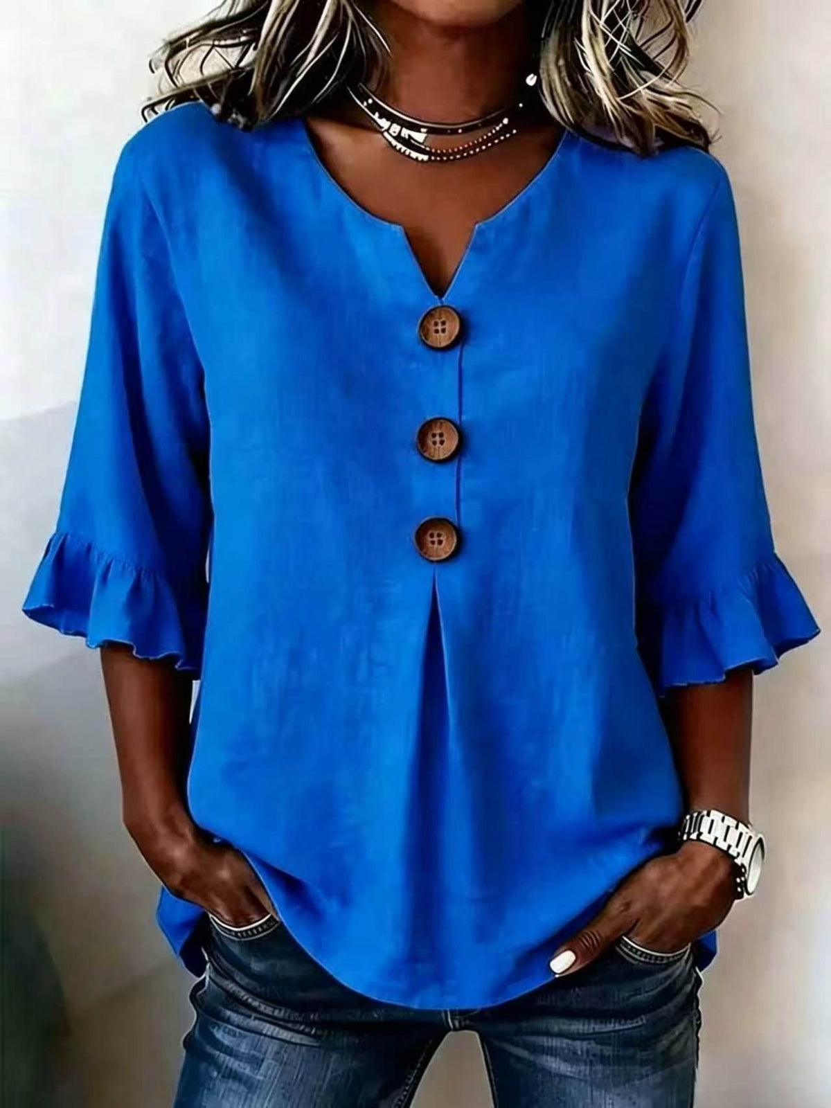 Damen Bluse mit Rüschensleeves und V-Ausschnitt, Knopfdetails - 8 - Trendlinie