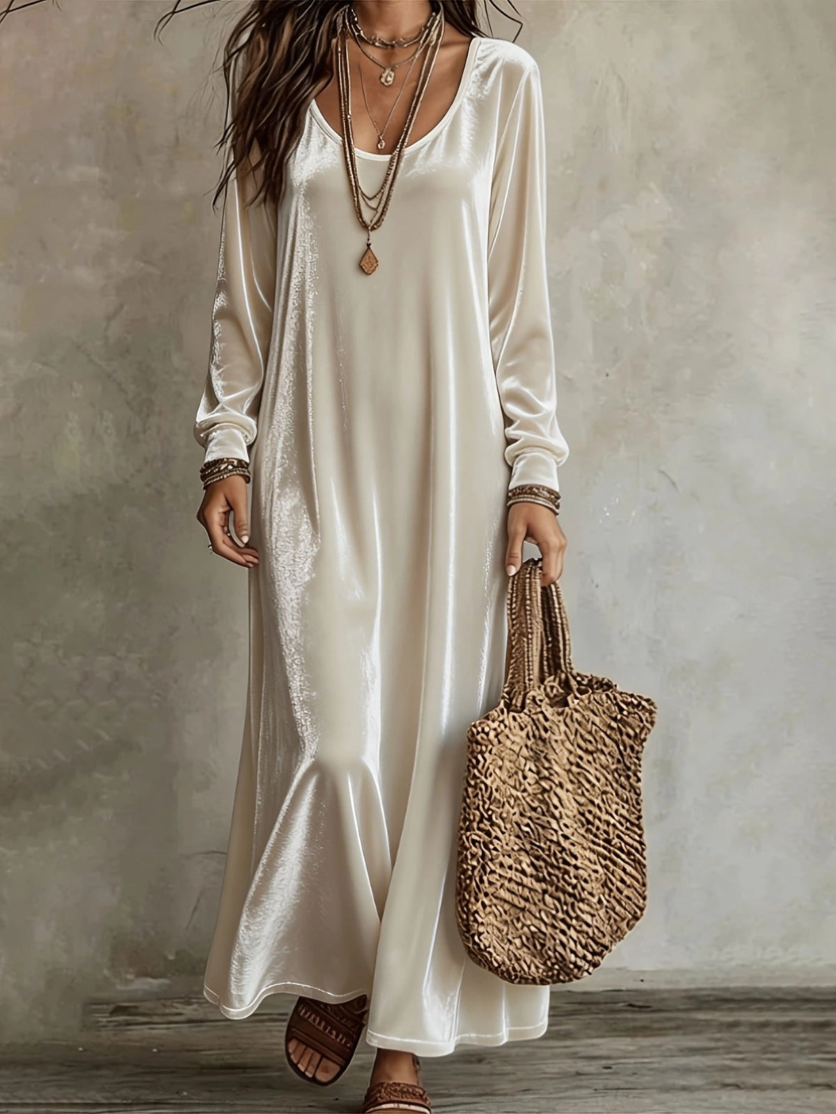 Maxikleid Damen mit V-Ausschnitt und langen Ärmeln + schwingendem Rock - 1 - Trendlinie
