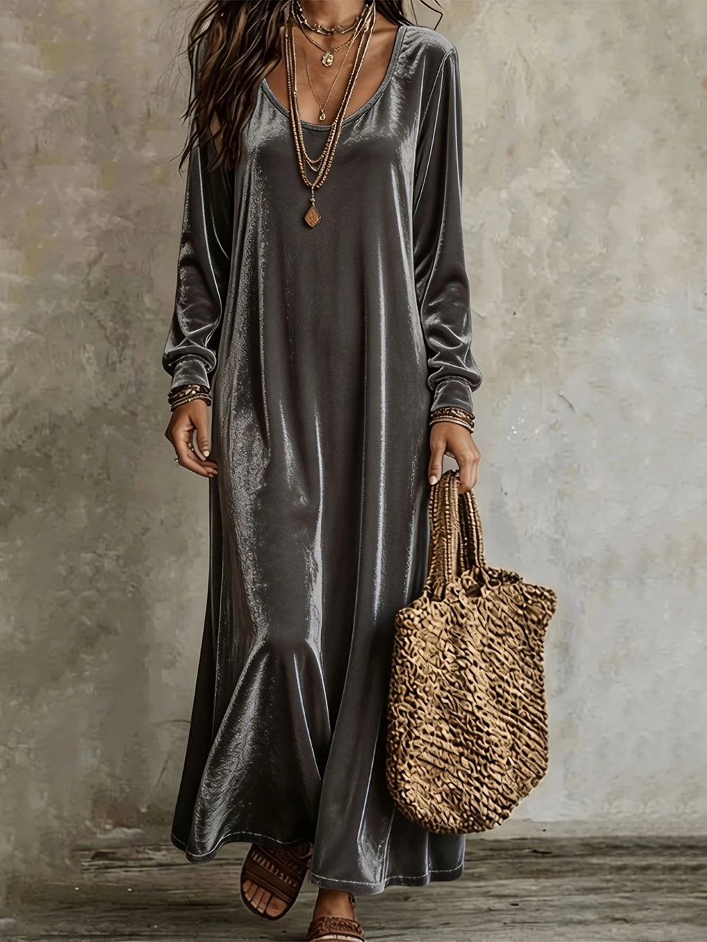 Maxikleid Damen mit V-Ausschnitt und langen Ärmeln + schwingendem Rock - 2 - Trendlinie