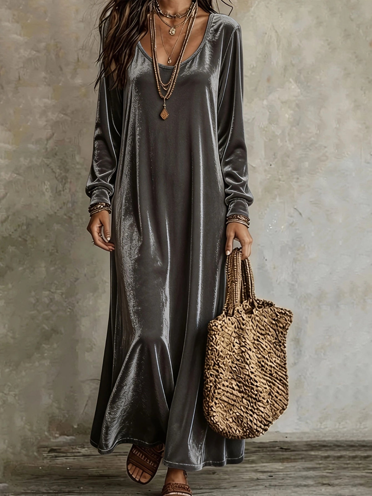 Maxikleid Damen mit V-Ausschnitt und langen Ärmeln + schwingendem Rock - 2 - Trendlinie