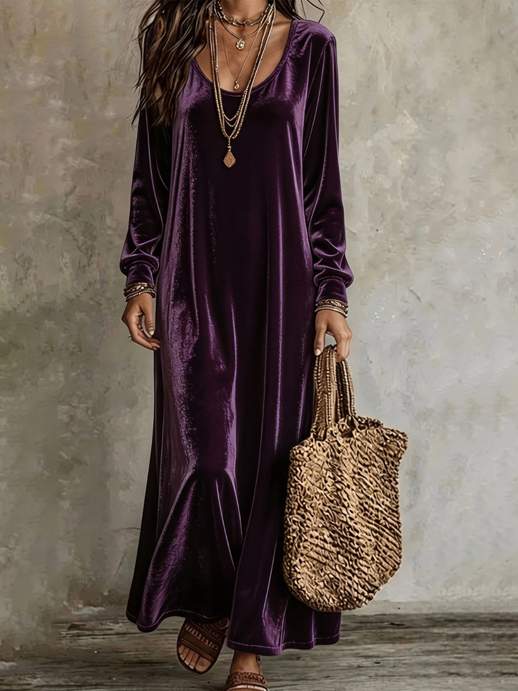 Maxikleid Damen mit V-Ausschnitt und langen Ärmeln + schwingendem Rock - 5 - Trendlinie