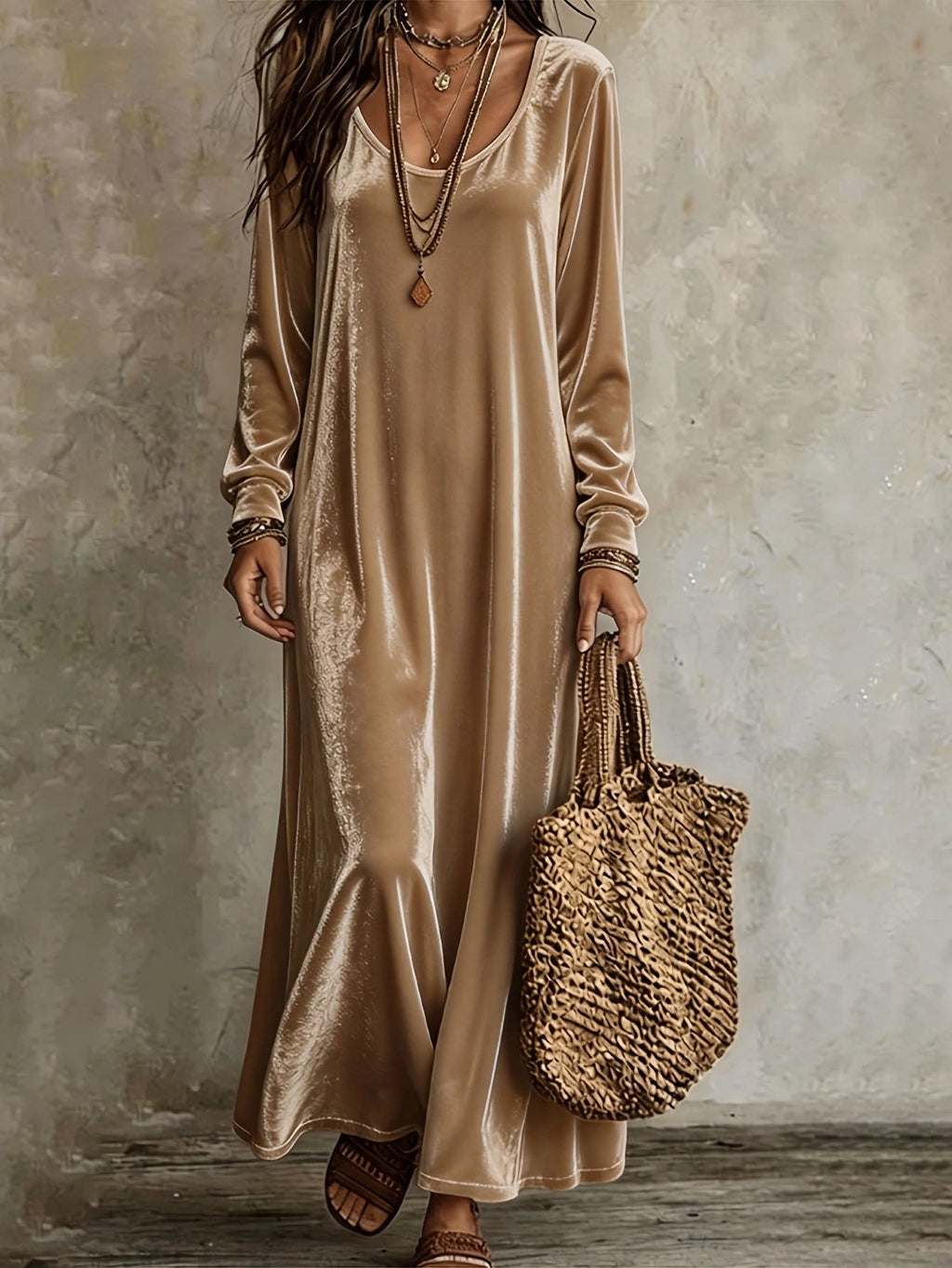 Maxikleid Damen mit V-Ausschnitt und langen Ärmeln + schwingendem Rock - 6 - Trendlinie