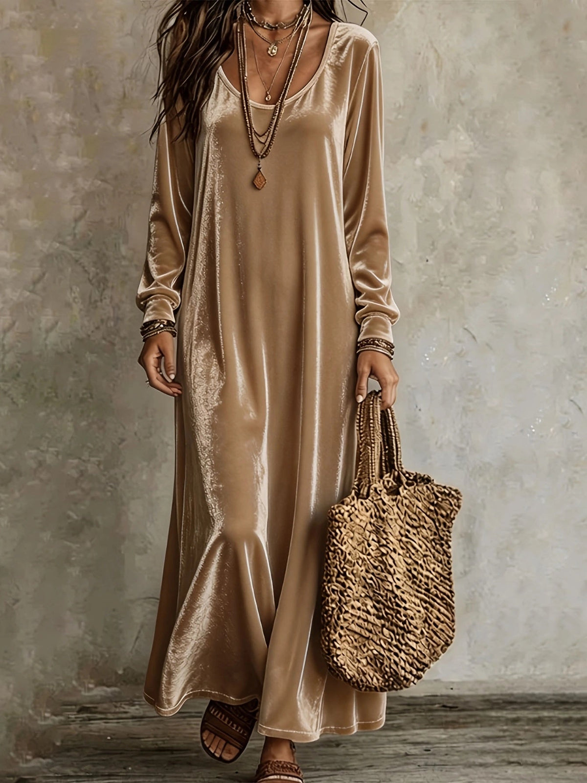 Maxikleid Damen mit V-Ausschnitt und langen Ärmeln + schwingendem Rock - 6 - Trendlinie