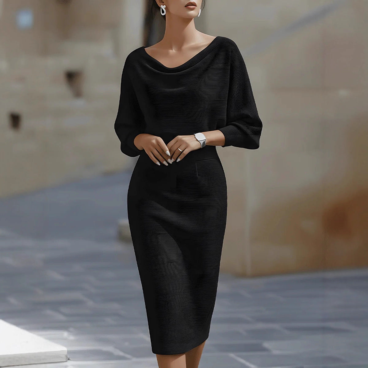 Midi Kleid Damen mit U-Boot-Ausschnitt und lässigen Ärmeln - 5 - Trendlinie