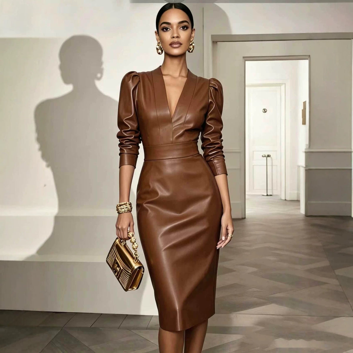 Elegantes Abendkleid Damen mit V-Ausschnitt und modischen Puffärmeln - 3 - Trendlinie