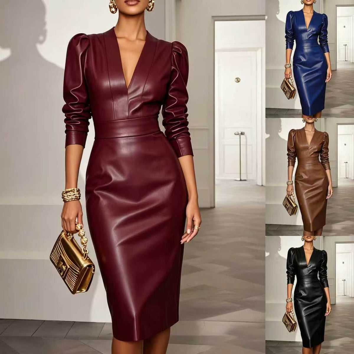 Elegantes Abendkleid Damen mit V-Ausschnitt und modischen Puffärmeln - 6 - Trendlinie