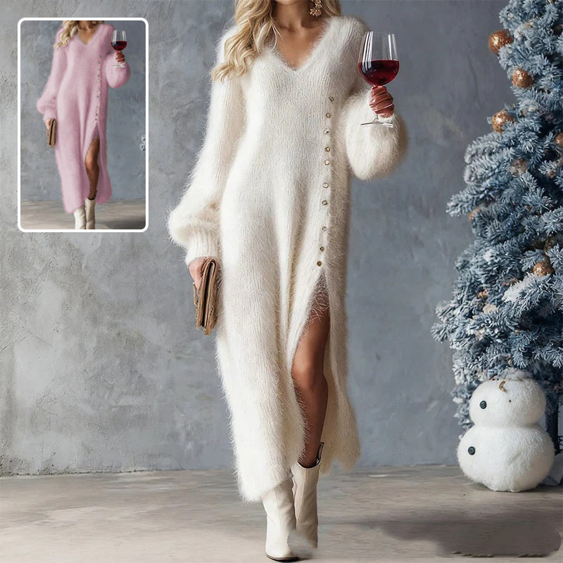 Maxikleid Damen mit V-Ausschnitt und Knopfdetails für festliche Anlässe - 2 - Trendlinie