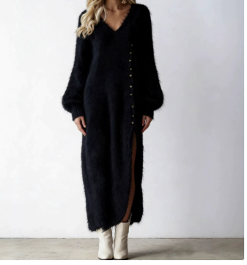 Maxikleid Damen mit V-Ausschnitt und Knopfdetails für festliche Anlässe - 7 - Trendlinie