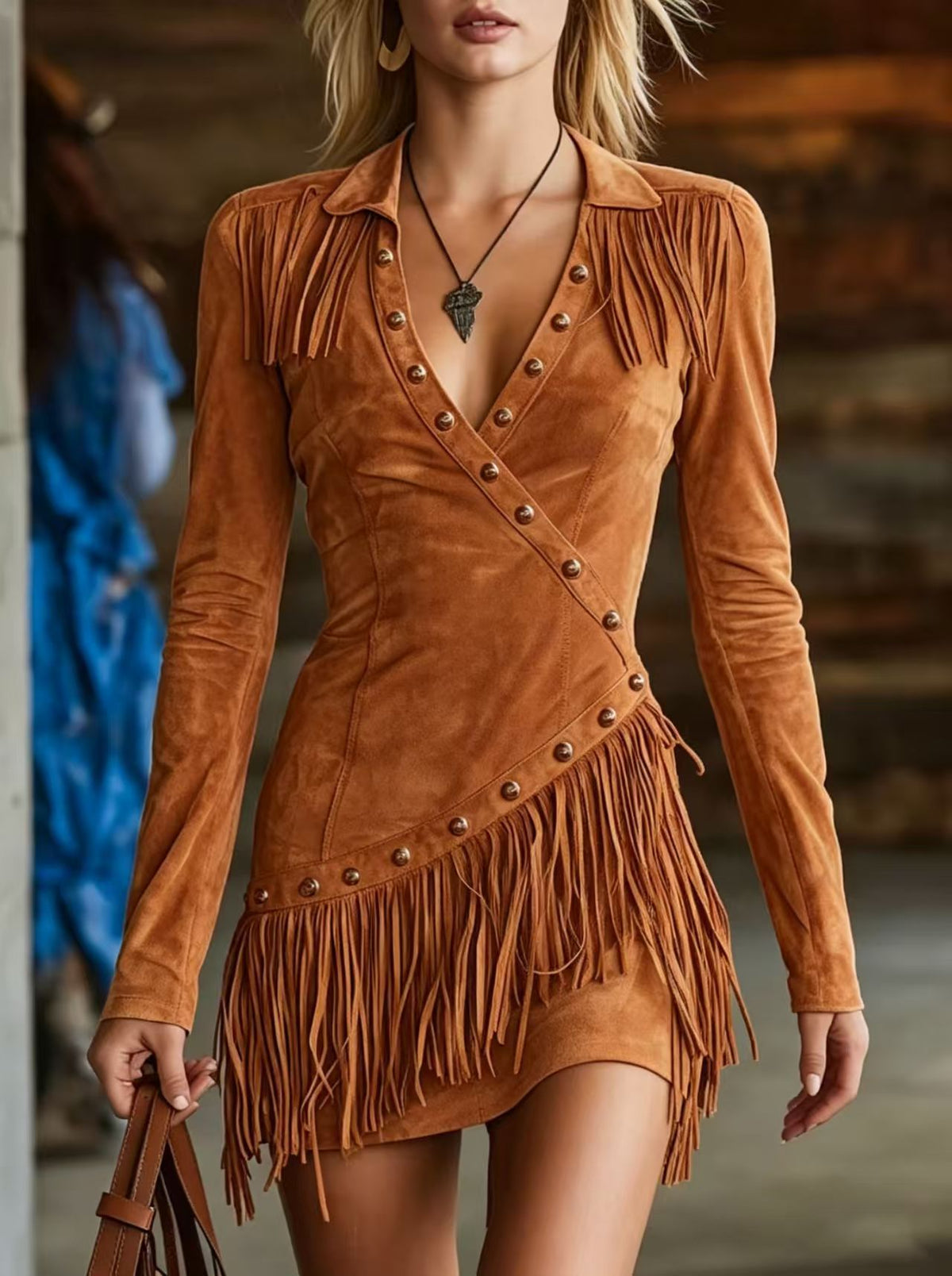 Wickelkleid Damen mit langen Ärmeln und Fransen - 4 - Trendlinie