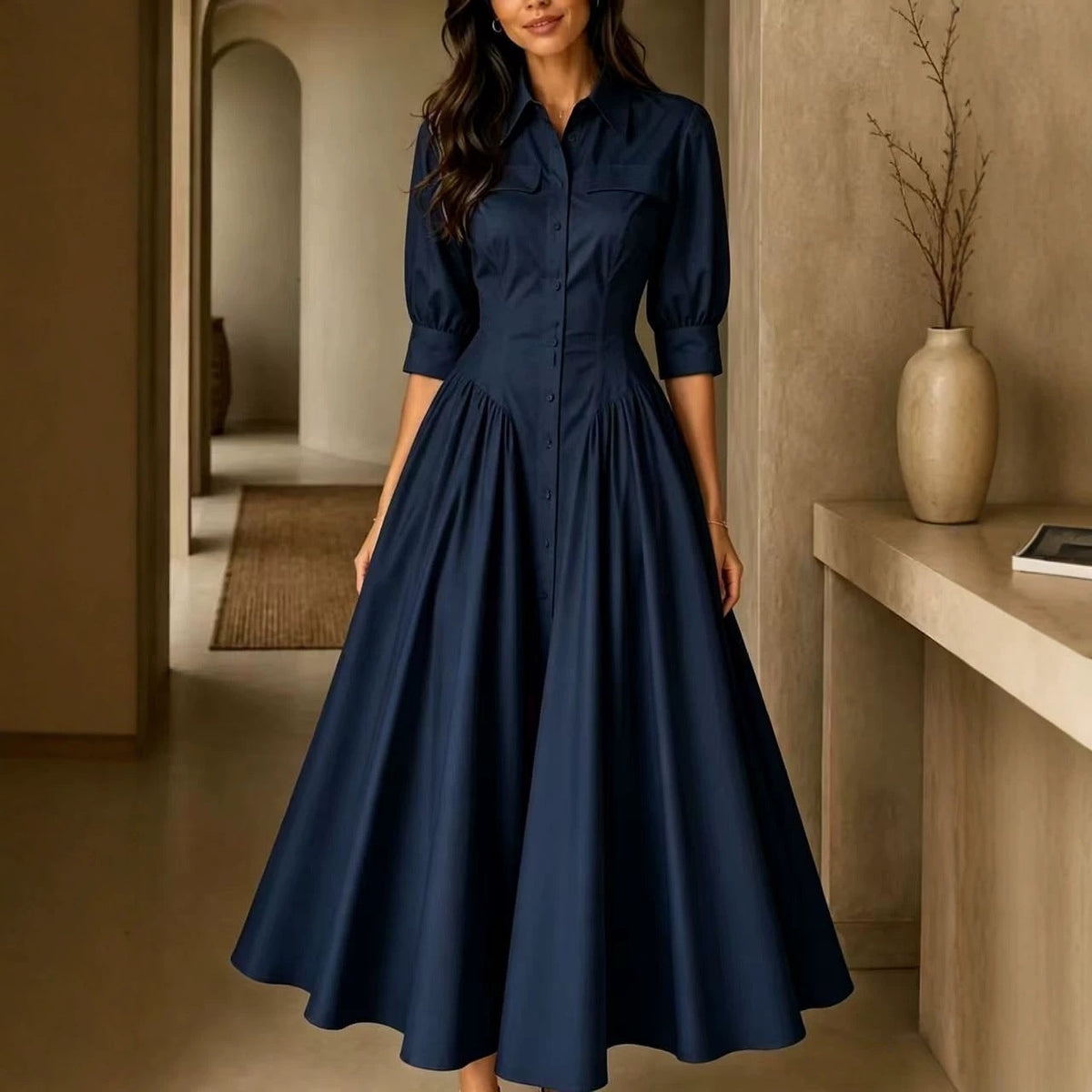 Hemdblusenkleid Damen mit schwingendem Rock und V-Ausschnitt - 1 - Trendlinie
