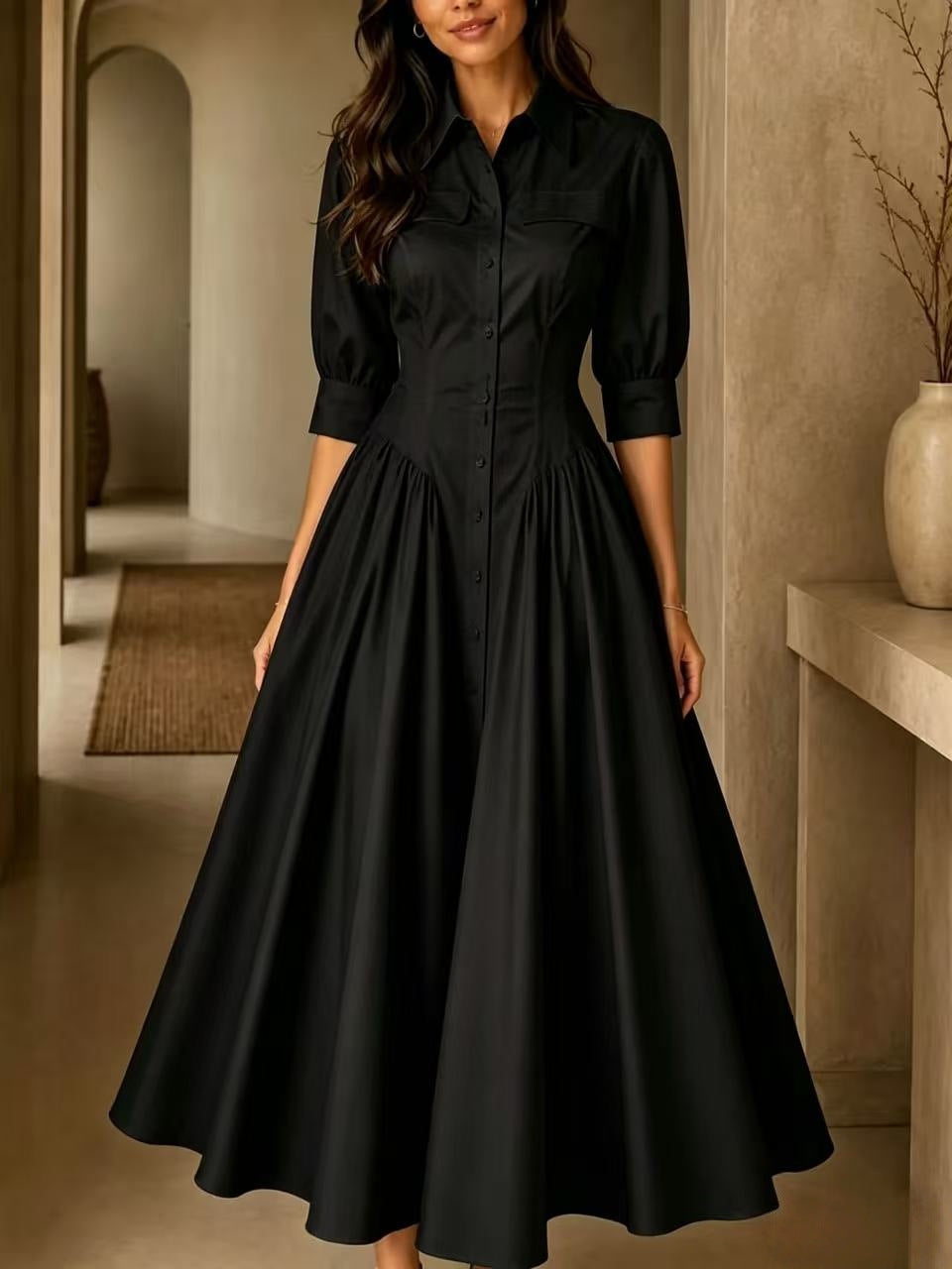 Hemdblusenkleid Damen mit schwingendem Rock und V-Ausschnitt - 3 - Trendlinie