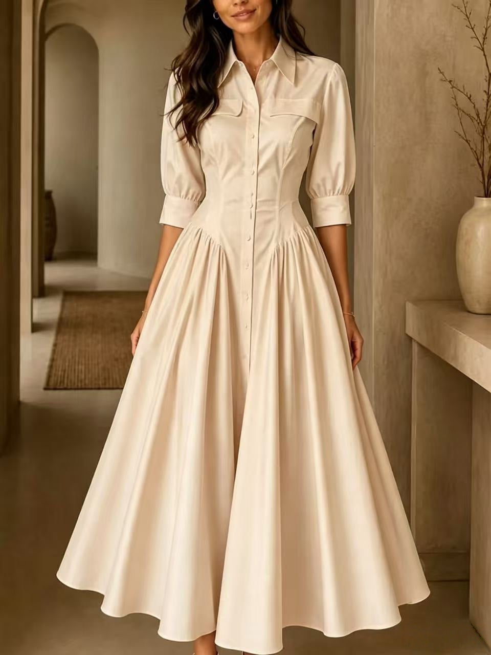 Hemdblusenkleid Damen mit schwingendem Rock und V-Ausschnitt - 7 - Trendlinie