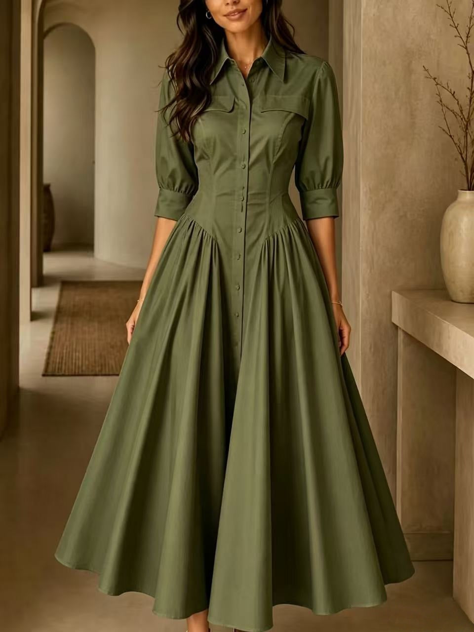 Hemdblusenkleid Damen mit schwingendem Rock und V-Ausschnitt - 8 - Trendlinie