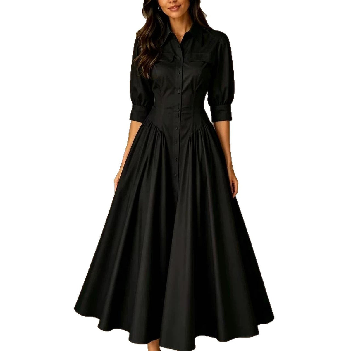 Hemdblusenkleid Damen mit schwingendem Rock und V-Ausschnitt - 9 - Trendlinie