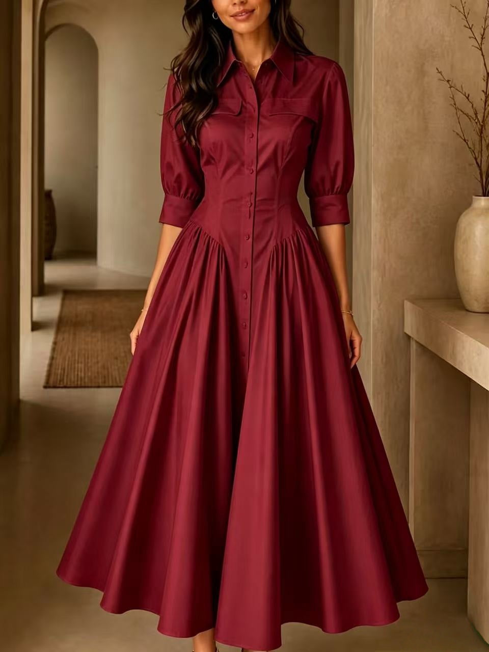 Hemdblusenkleid Damen mit schwingendem Rock und V-Ausschnitt - 10 - Trendlinie