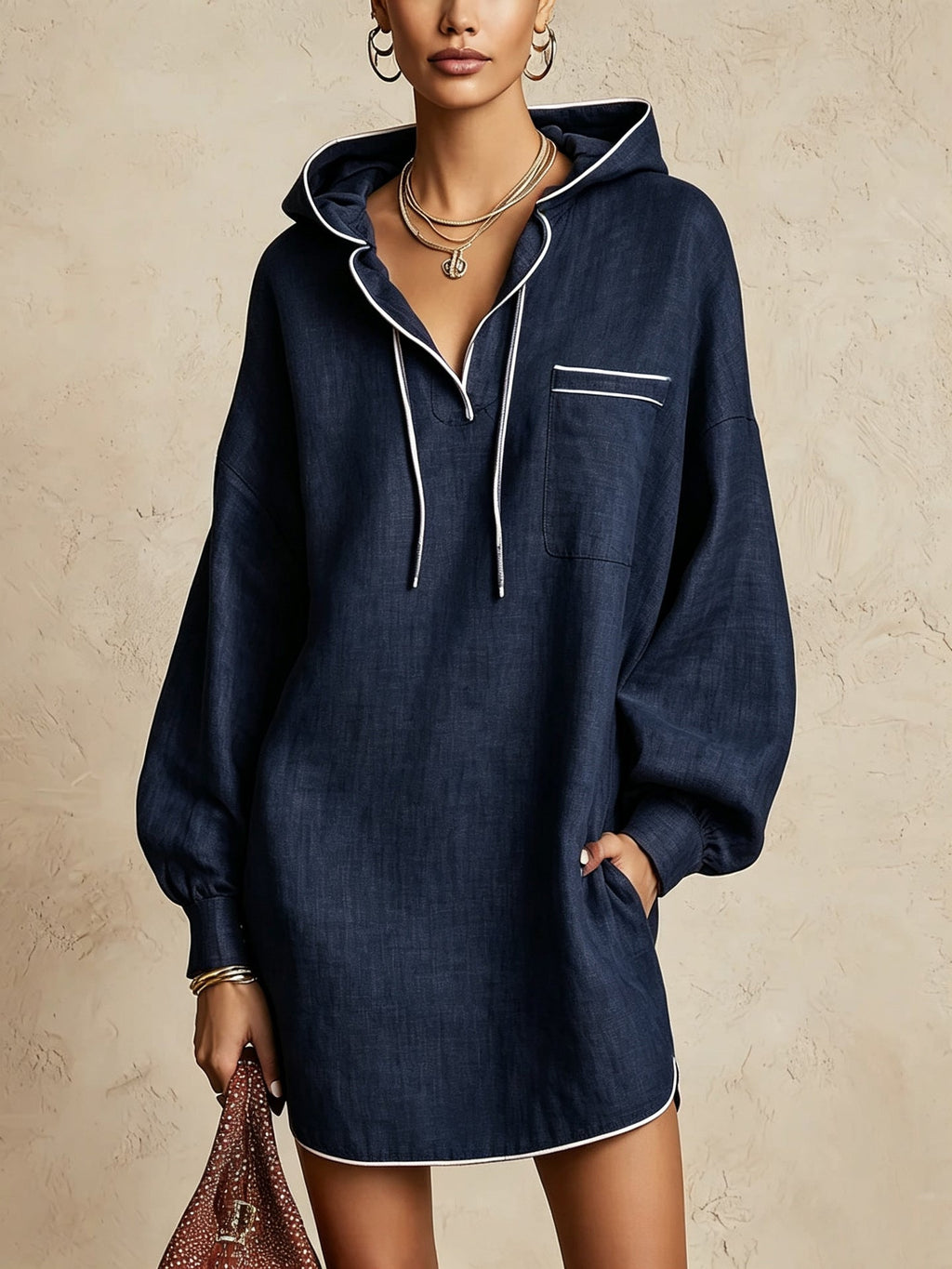 Hemdblusenkleid Damen mit Kapuze und langen Ärmeln – lässiger Look - 2 - Trendlinie