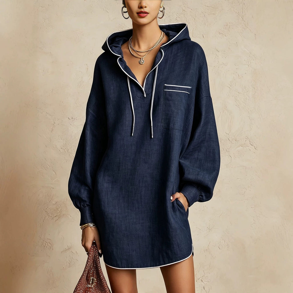Hemdblusenkleid Damen mit Kapuze und langen Ärmeln – lässiger Look - 4 - Trendlinie
