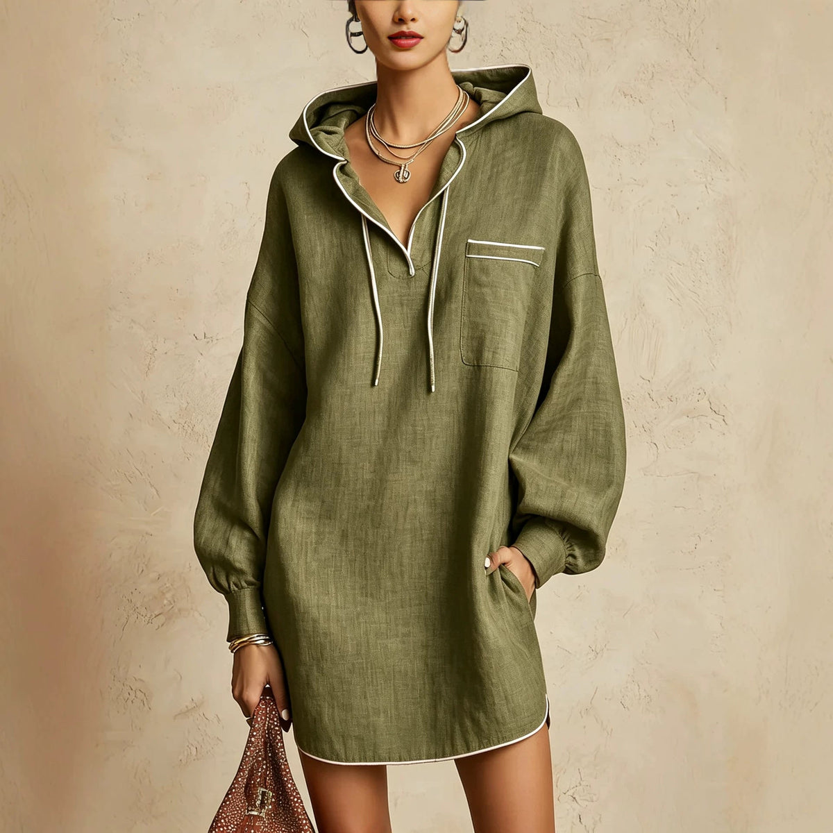Hemdblusenkleid Damen mit Kapuze und langen Ärmeln – lässiger Look - 7 - Trendlinie