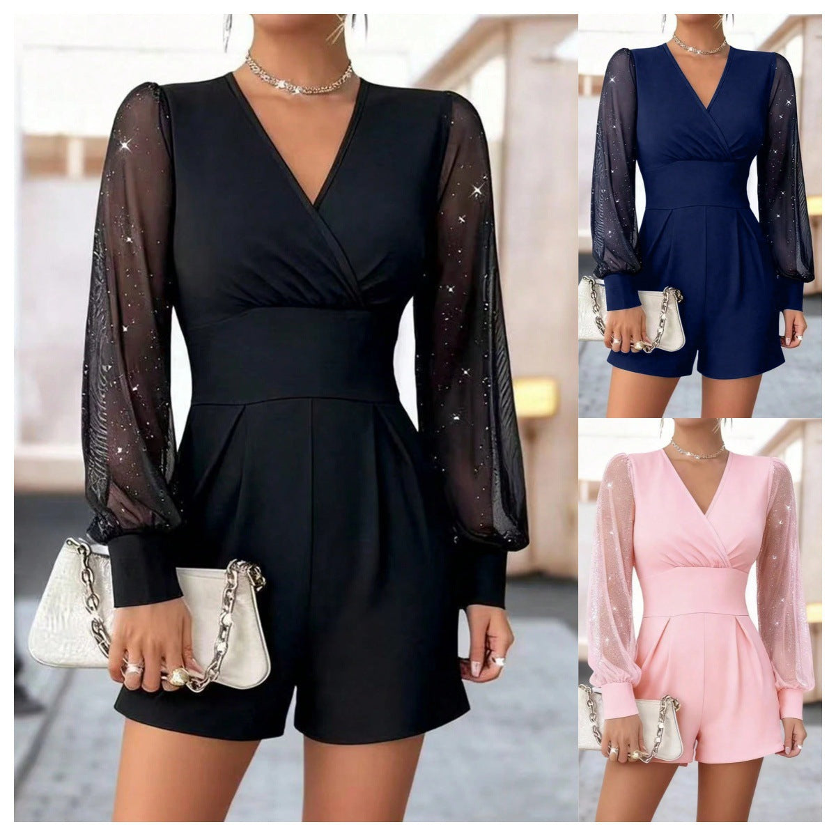 Eleganter Jumpsuit Damen mit Wickeldesign und langen Puffärmeln - 1 - Trendlinie