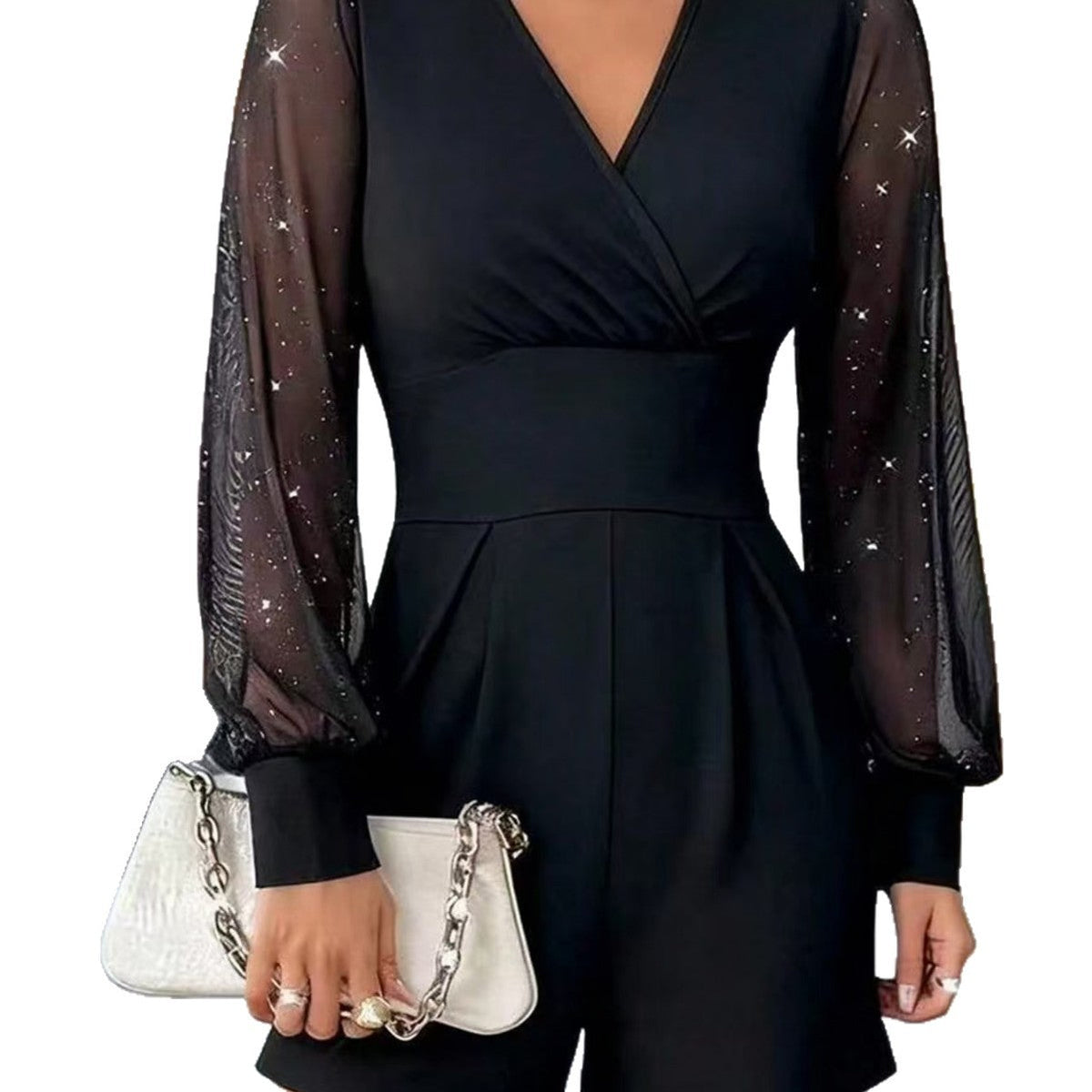 Eleganter Jumpsuit Damen mit Wickeldesign und langen Puffärmeln - 5 - Trendlinie