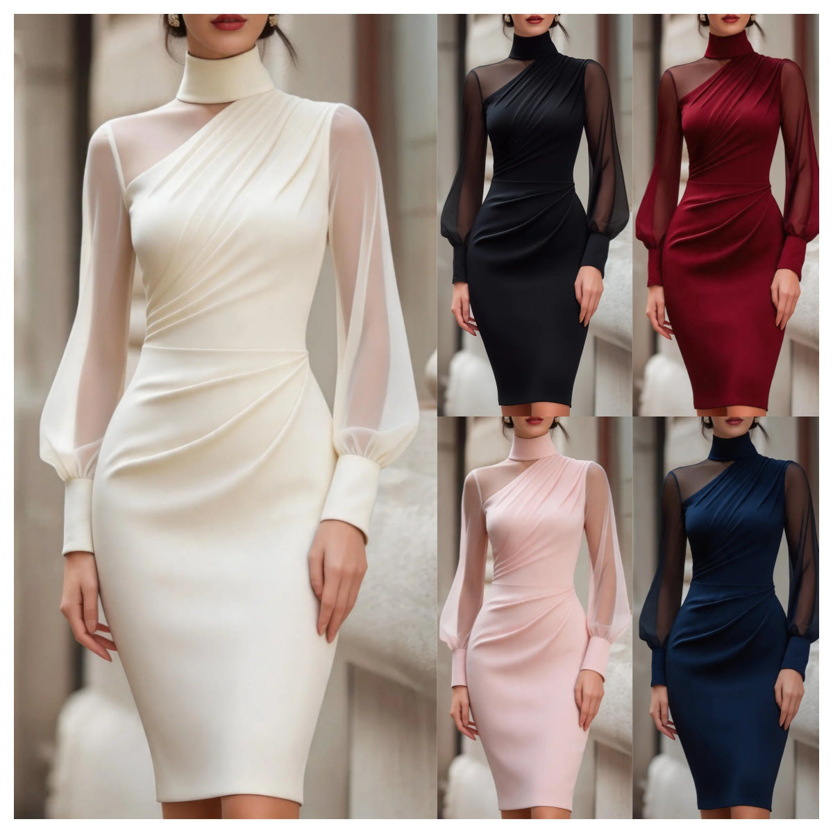 Abendkleid Damen mit tailliertem Schnitt und langen Puffärmeln - 12 - Trendlinie