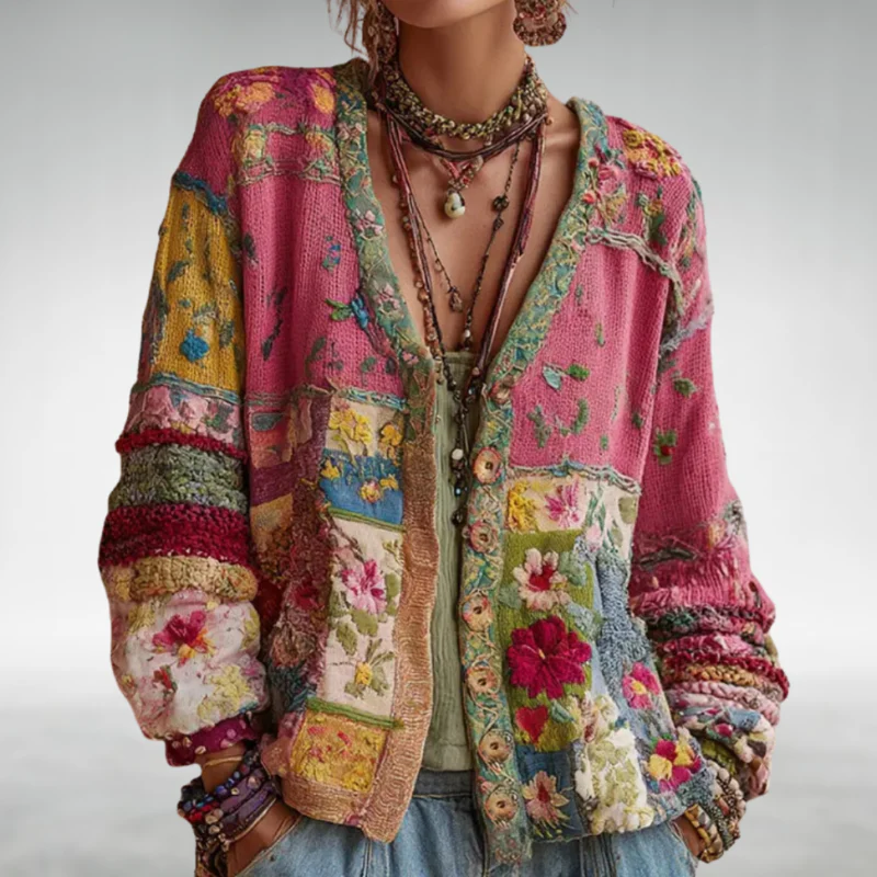 Cardigan Damen mit kreativem Patchwork-Design und V-Ausschnitt - 1 - Trendlinie