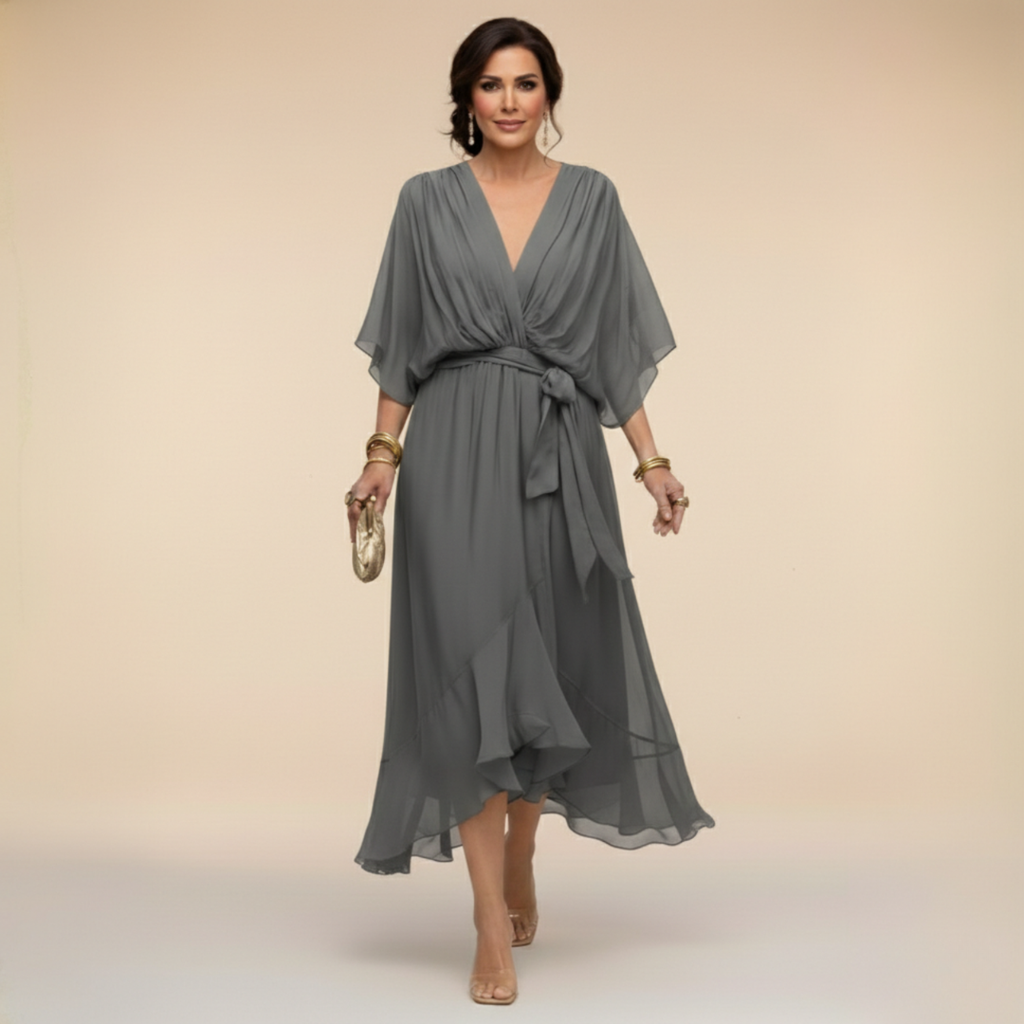Maxikleid Damen mit Wickeldesign und V-Ausschnitt für elegante Anlässe - 4 - Trendlinie
