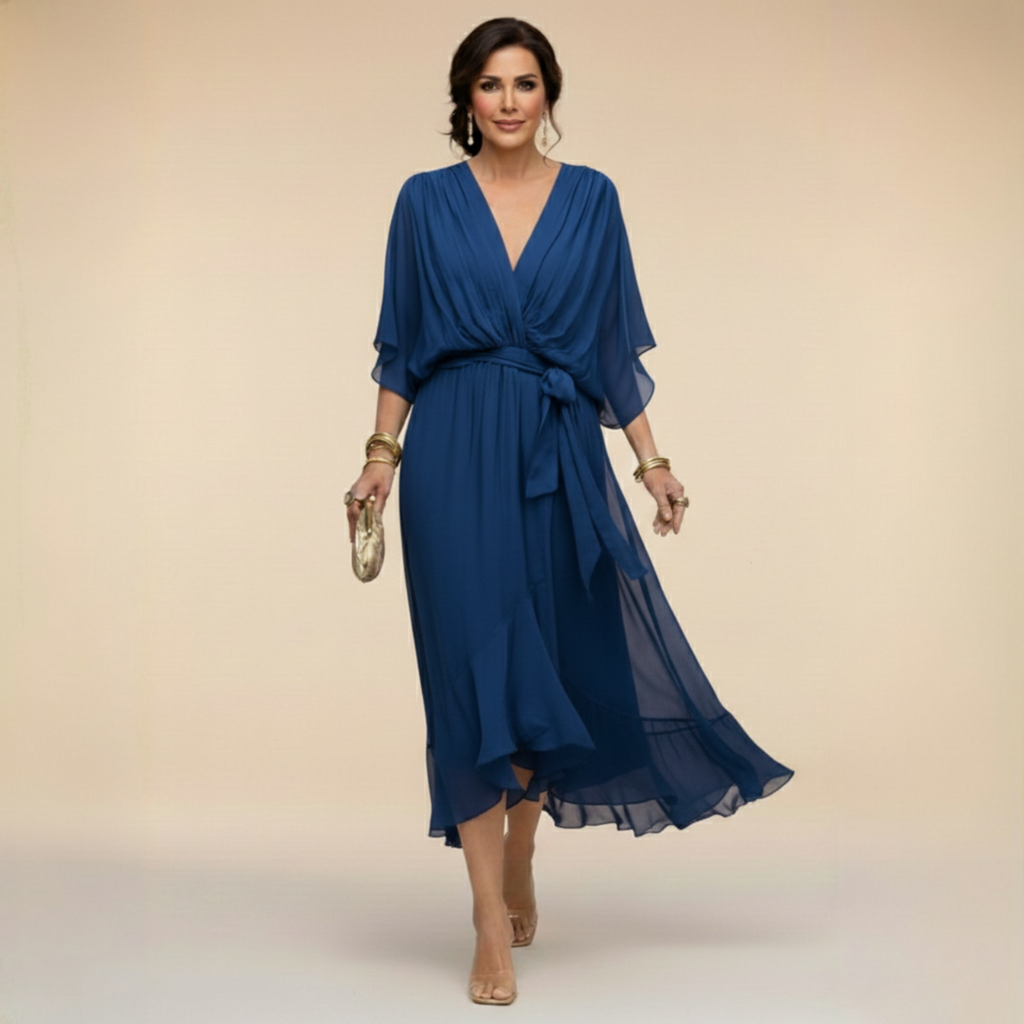 Maxikleid Damen mit Wickeldesign und V-Ausschnitt für elegante Anlässe - 6 - Trendlinie