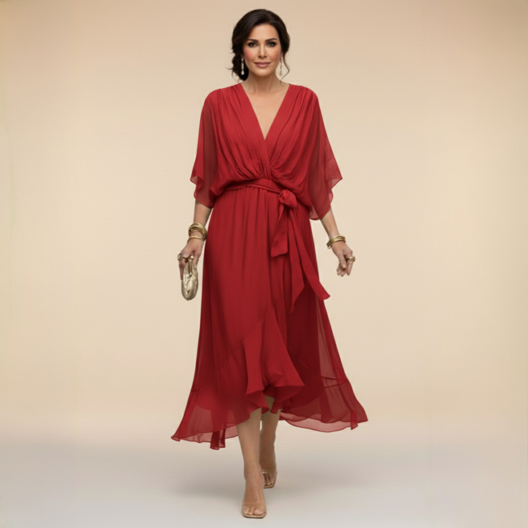 Maxikleid Damen mit Wickeldesign und V-Ausschnitt für elegante Anlässe - 7 - Trendlinie