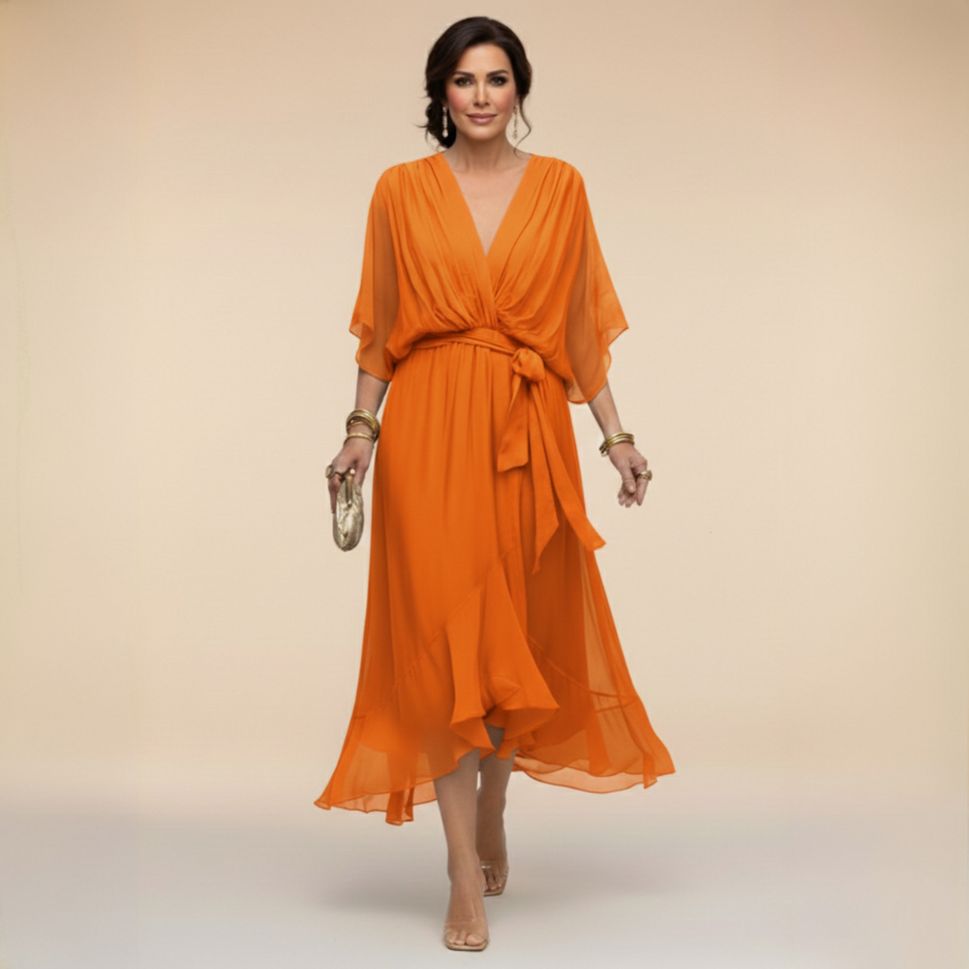Maxikleid Damen mit Wickeldesign und V-Ausschnitt für elegante Anlässe - 8 - Trendlinie