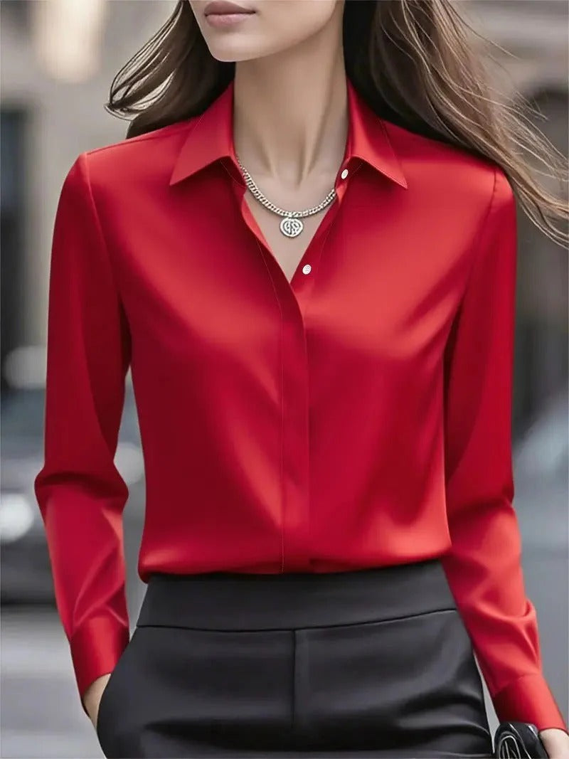 Bluse Damen mit klassischem Kragen und langem Arm – in Rot, Grau und Weiß - 1 - Trendlinie