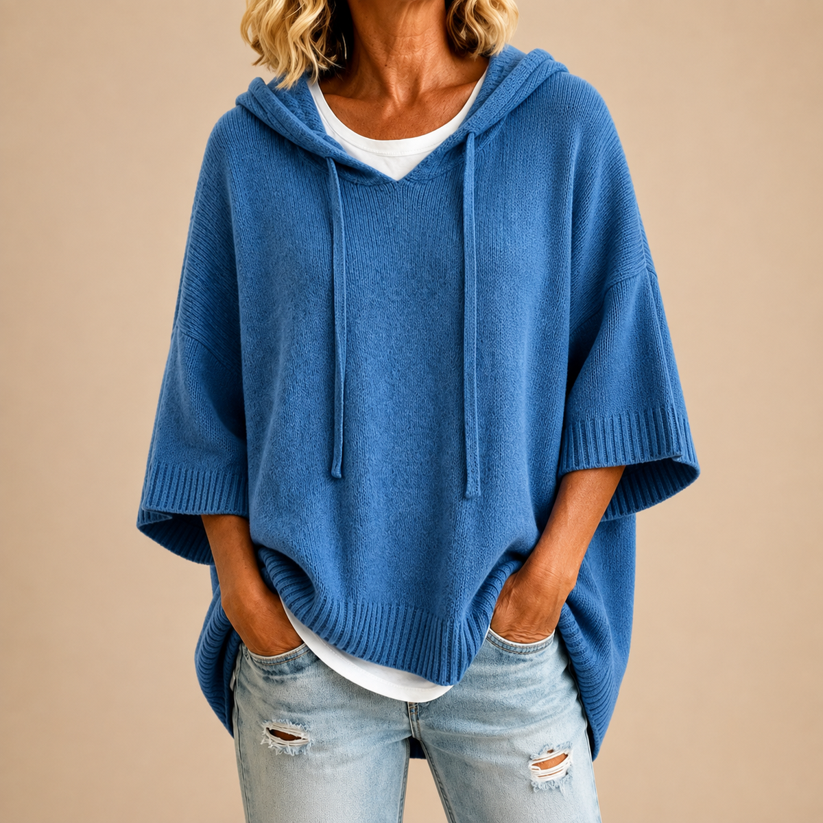 Oversized Pullover Damen mit Kapuze und V-Ausschnitt für einen lässigen Look - 1 - Trendlinie