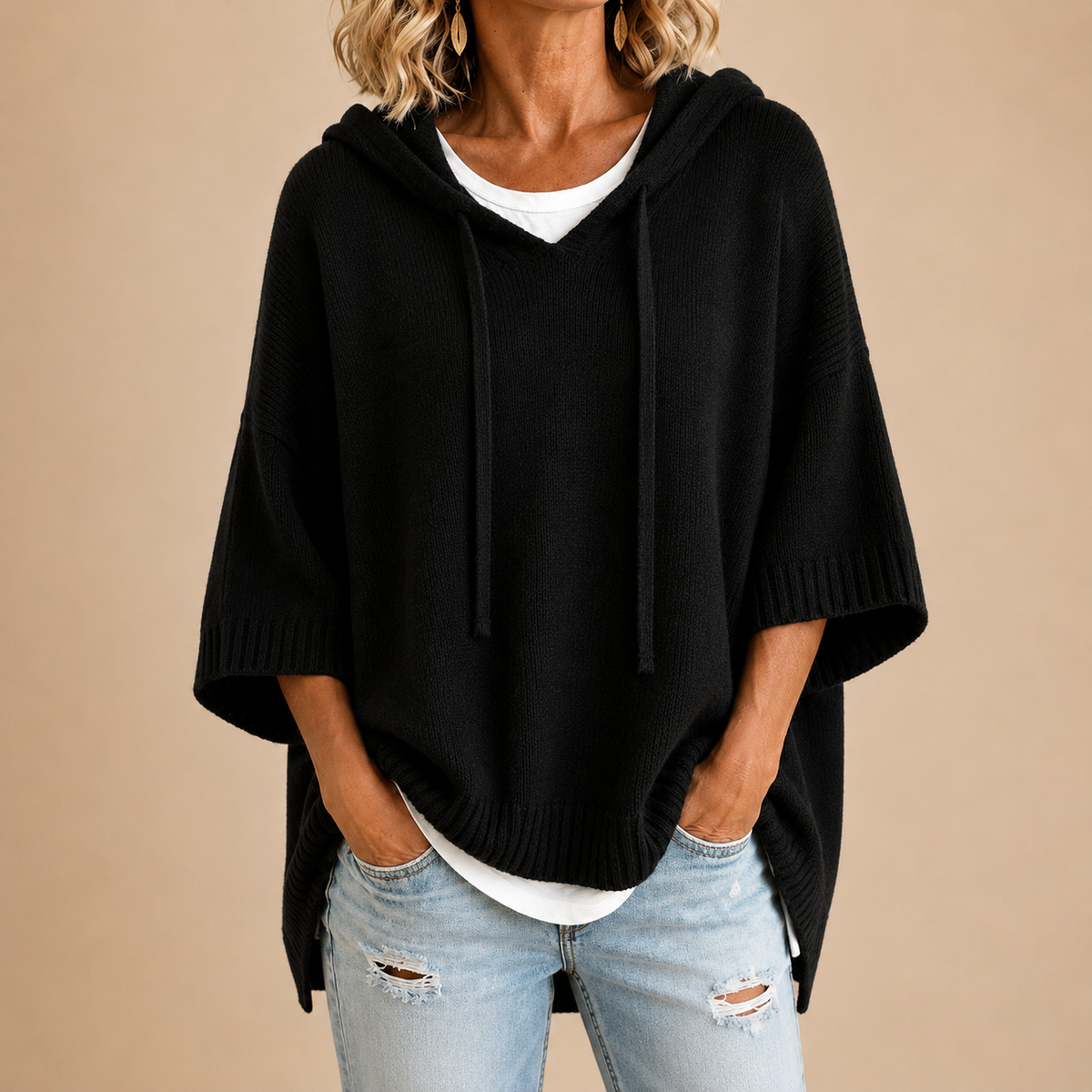 Oversized Pullover Damen mit Kapuze und V-Ausschnitt für einen lässigen Look - 5 - Trendlinie