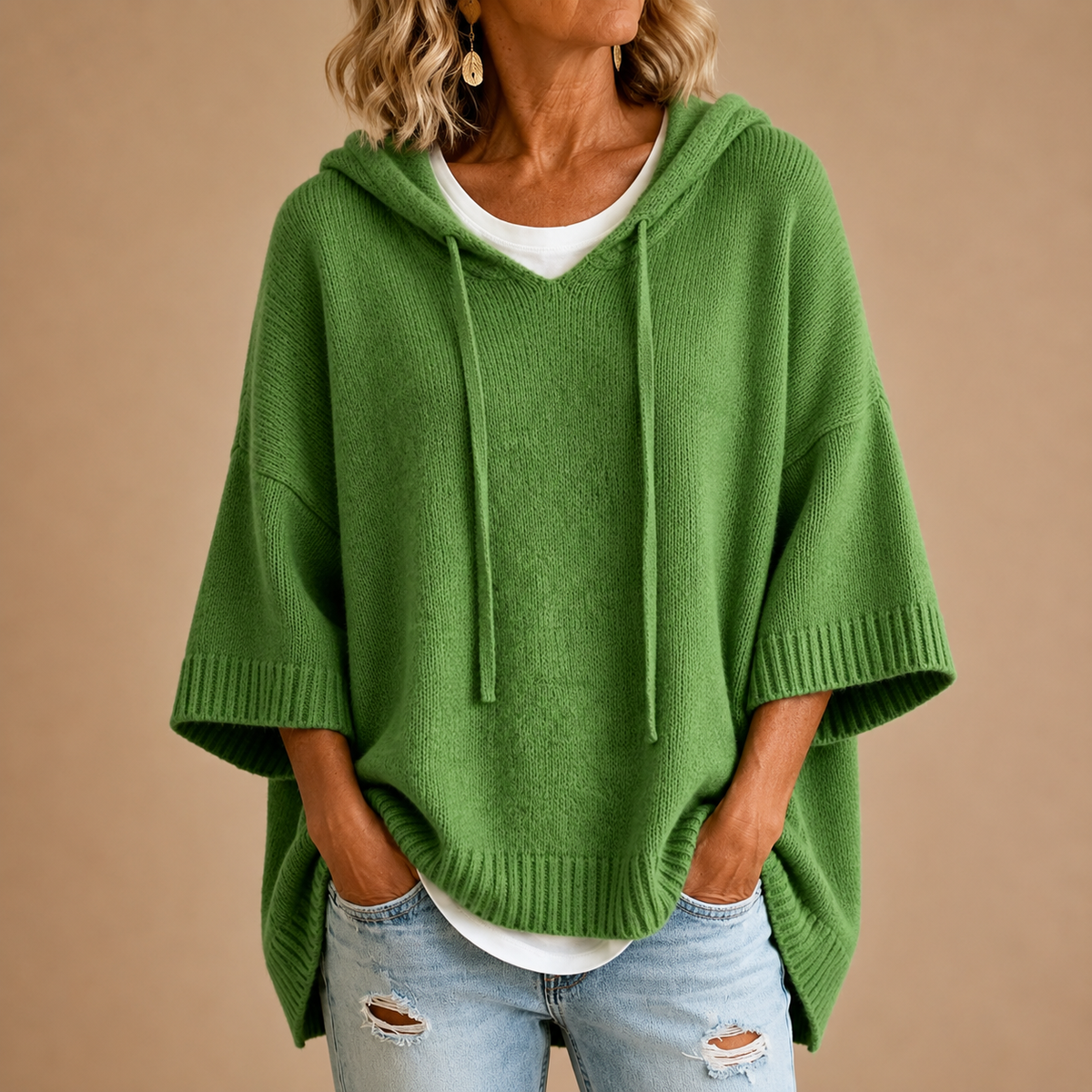 Oversized Pullover Damen mit Kapuze und V-Ausschnitt für einen lässigen Look - 6 - Trendlinie